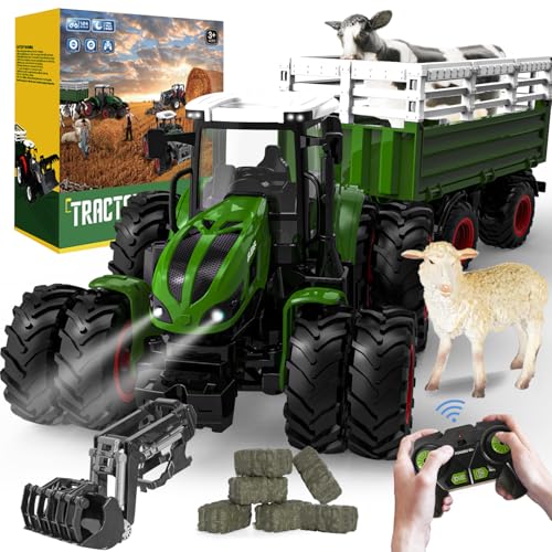 PENGBU RC Traktor Spielzeug ab 3 4 8 Jahre, 2.4 GHz Ferngesteuerter Traktor Ferngesteuert, RC Trecker Spielzeug, Farm Trecker mit Fernbedienung, Kuh und Schaf, Geschenk 3 4 6 8 Jahre von PENGBU RC