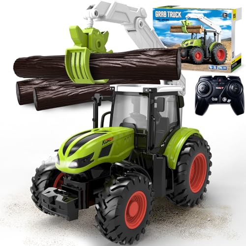 Ferngesteuerter Traktor Ferngesteuert, Traktor Spielzeug ab 3 Jahre, ferngesteuerter traktor ab 3 4 5 Jahre, ferngesteuertes auto ab 3 jahre mit Holzgreifer und 3 Baumstämme von PENGBU RC