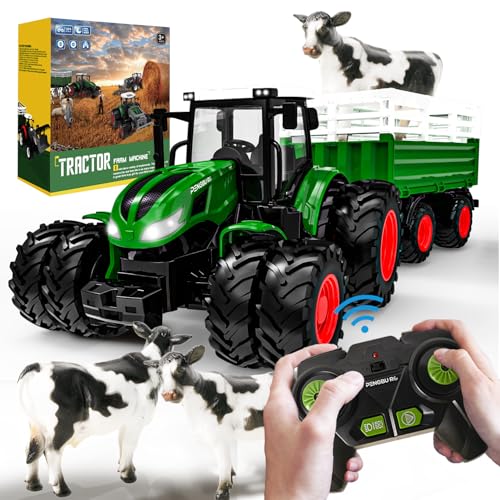 Ferngesteuerter Traktor Ferngesteuert, Ferngesteuertes Auto ab 3 4 5 Jahre, Traktor Spielzeug ab 3 Jahre, Rc Traktor mit Fernbedienung, Anhänger, Licht und Kuh, Weihnachten Geschenk für Kinder von PENGBU RC