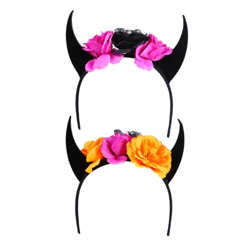 PENIKOKO 2 Stück Halloween Hörner Stirnband Teiliges mit Totenkopf und Blumen Komfortabler Stoff Kopfschmuck für Damen und Teens für Tag der Toten Halloween Party und Cosplay Zubehör von PENIKOKO