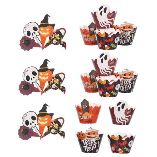 PENIKOKO 2sätze Halloween-cupcake-topper Aus Papier Und Muffinförmchen Inklusive Gespenster Und Totenkopf-dekorationen Für Party Und Kuchendekoration Spinnen Und Kürbis-accessoires Für von PENIKOKO