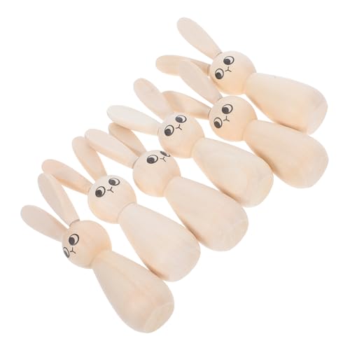 PENIKOKO 6 Stück Teiliges Unvollendete Holz Osterhasen zum Bemalen Natürliche Holzpuppen mit Gedruckten Augen Glatte Oberfläche Sichere Diy Figuren für Erwachsene Österliche Deko und von PENIKOKO