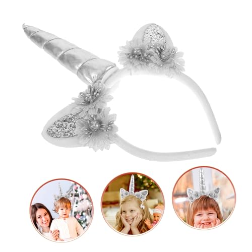 PENIKOKO Einhorn Stirnband mit Silbergrauem Horn und Blumen Elastisches Flexibles Party Haarreif für Mädchen Vielseitiges Geburtstags Kostümzubehör Bequem und Farbecht von PENIKOKO