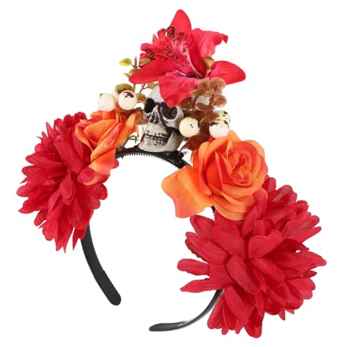 PENIKOKO Halloween Haarreif mit Roten Day Of The Dead Blumen und Skelettmotiv Leichtes Bequemes Party haarschmuck für Frauen Passendes Accessoire für Tag der Toten Kostüme von PENIKOKO