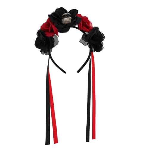 PENIKOKO Halloween Schädel Haarreif mit Rotem Rosenkopfstück Langlebiges Cosplay Party Accessoire für Damen für Tag der Toten Kostüm Karneval und Halloween Feier von PENIKOKO