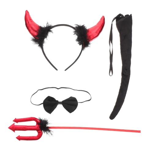 PENIKOKO Halloween Teufelshörner Haarreif Set mit Teufelsstab Rotes Kunstfell Teiliges Cosplay Accessoire für Karneval Fasching Party und Kostümierung von PENIKOKO