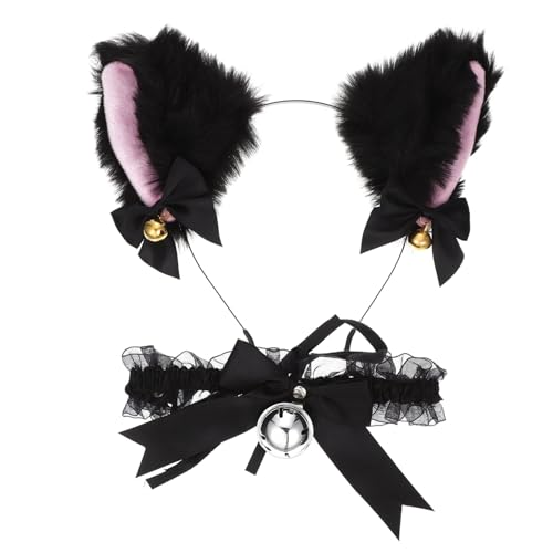 PENIKOKO Niedliches Katzenohren Stirnband mit Plüsch Verstellbarem Schleifen Halsband und Glöckchen für Cosplay Halloween Kostümpartys und Mädchengeschenke von PENIKOKO