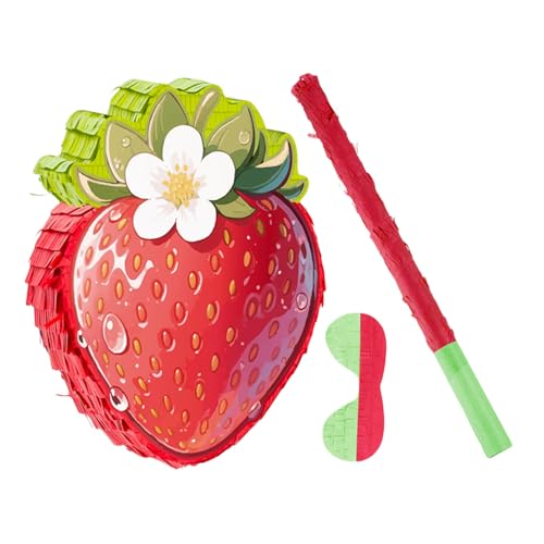 PENIKOKO Rote Erdbeer-piñata mit Stick und Augenbinde Sommerparty-spielset für Geburtstagsfeiern Babyparty und Cinco De Mayo Dekoration Erdbeerparty-deko mit Hängeöse und Füllöffnung von PENIKOKO