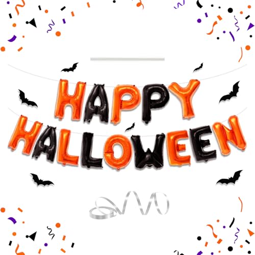 Happy Halloween Luftballons Banner – Orange und Schwarz Helloween Banner Hintergrund Girlande, 40,6 cm große Mylar-Folienballon-Banner mit Strohband für drinnen und draußen von PERFQU