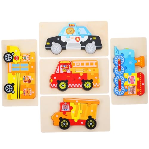 PERSELOSO 5Sätze Holzpuzzle für Lernspielzeug mit Feuerwehr Müllwagen und Bus Sicheres Langlebiges und Farbenfrohes Puzzle für Kleinkinder für Kreatives und Frühes Lernen von PERSELOSO