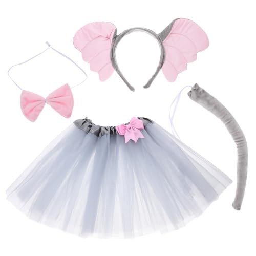 PERSELOSO Elefantenkostüm Set mit Dekorativem Schleifen Haarreif und Grauem Tüllrock Weiches Teiliges Tierkostüm für Mädchen Halloween Karneval Party von PERSELOSO