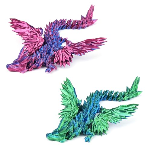PETBSNVB 2 Stück 17,8 cm 3D-gedruckter Drache mit Flügeln, beweglicher Drache, Kristalldrache, Drache, Fidget-Spielzeug, Heimbüro-Dekoration, Cheftik-Spielzeug (lila + blau) von PETBSNVB