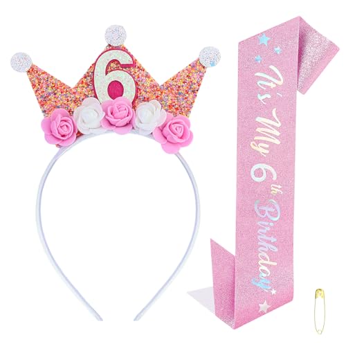 PETERMALLON 6 Jahr Geburtstagskrone, Krone Geburtstag 6 Jahre Mädchen, Geburtstagskrone Mädchen, Krone, Crown 6 Jahr Geburtstag mit Rose Blumen, Stirnband, mit 1 Rosa Gürtel PETERMALLON 6 Jahr Geburtstagskrone, Krone Geburtstag 6 Jahre Mädchen, Geburtstagskrone Mädchen, Krone, Crown 6 Jahr Geburtstag mit Rose Blumen, Stirnband, mit 1 Rosa Gürtel von PETERMALLON