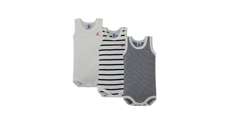 3er-Pack Bodys ohne Arm Uni Ringel Streifen beige Gr. 68 von PETIT BATEAU