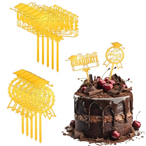 10 Stück Acryl Cake Topper Abschluss, Goldfarben Großer Abschluss Tortendeko "Congrats Graduate" Abschlusskappe und Diplom-Kuchenaufsatz Kuchendekoration Zubehör für die Abschlussfeier 2024 von PEUTIER