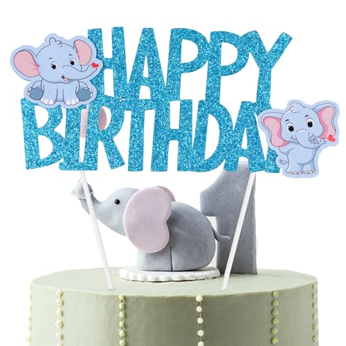 2 Stück geburtstagskuchenaufsatz, Happy Birthday Kuchenaufsatz Happy Birthday-Kuchen-Party-Dekoration für Babyparty Kinder Tier-Themen-Kuchendekorationen(Blau, Elefant) von PEUTIER