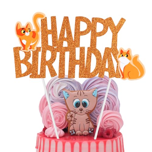 2 Stück geburtstagskuchenaufsatz, Happy Birthday Kuchenaufsatz Happy Birthday-Kuchen-Party-Dekoration für Babyparty Kinder Tier-Themen-Kuchendekorationen(Orange, Kat) von PEUTIER
