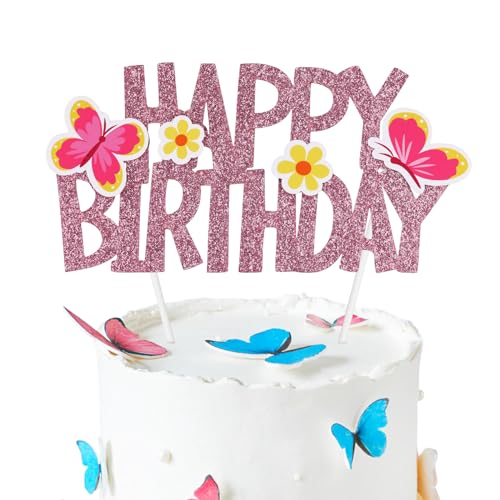 2 Stück geburtstagskuchenaufsatz, Happy Birthday Kuchenaufsatz Happy Birthday-Kuchen-Party-Dekoration für Babyparty Kinder Tier-Themen-Kuchendekorationen(Rosa, Schmetterling) von PEUTIER