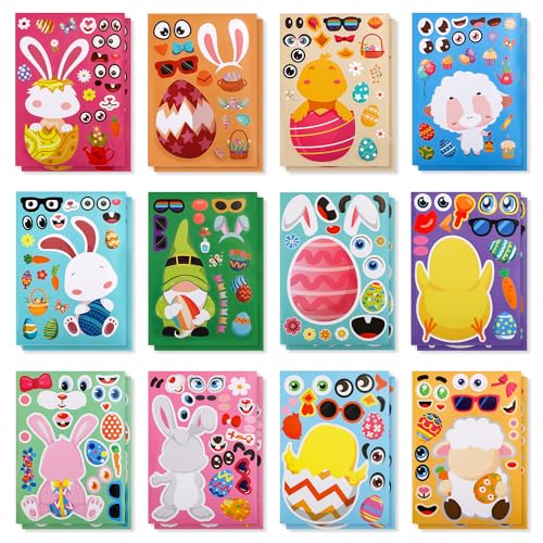 24PCS Ostern Make a Face Aufkleber, 6 Stile Süßer Bunte Eier Hase Küken Schaf Partyspielzeug Ostern Partyspiele Aufkleber Make Your Own Face Aufkleber für Kinder Basteln Scrapbooking Geschenke von PEUTIER