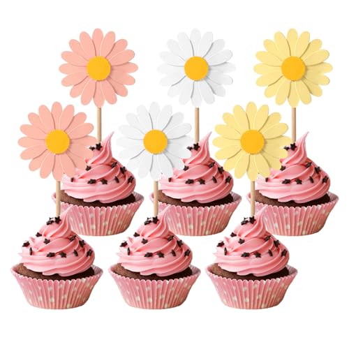 24stk Cupcake-Topper mit Gänseblümchen-Motiv, Kuchendekorationen aus Hochwertigem Papier mit Blumen Cupcake-Einlegekarten für Hochzeitsfeiern Geburtstagsdekorationen(Rosa, Weiß, Gelb) von PEUTIER