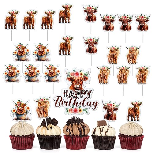 25 Stück Highland Cow Cake Topper, Highland Cow Geburtstagsdekorationen tortenaufsatz für Bauernhof Tier Zoo Jungen Mädchen Babyparty Happy Birthday kuchendekorationen Dekorationen von PEUTIER