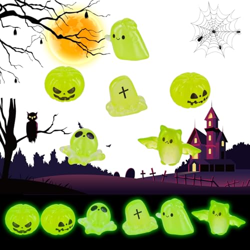 30 St Mini-Geister aus Kunstharz, 6 Stile Mini-Leuchtgeisterstatue Niedliche kleine Gartendekoration aus Kunstharz Fledermaus Kürbis Grabstein Totenkopf Geist für Halloween von PEUTIER