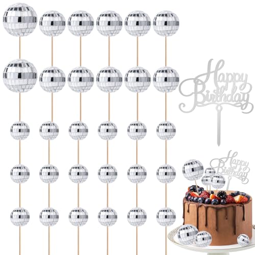 31 Stück Discokugel Cake Topper mit Happy Birthday Schild, Silberfarben Mehrere Größen Discokugel-Kuchenaufsätze, Dekorationen für 70er-Jahre-Disco-Motto-Partygeschenke, mit Stäbchen von PEUTIER