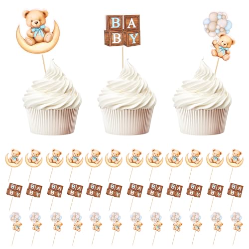36stk Cupcake Dekorationen, Teddybär-Thema Babyparty Süße Babybären-Cupcake-Picks Dekoratives Zubehör Babyparty-Kuchendekorationen für Jungen und Mädchen Geburtstags-Mottoparty von PEUTIER