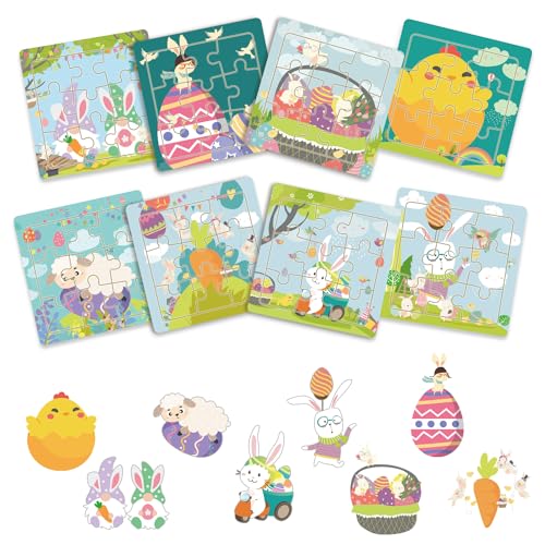 8 Stück Oster Puzzle, Süß Bunt Hase Ei Küken Karotten Zwerg Montessori Holzpuzzle Baby Spielzeug für Kleinkinder Kinder Jungen Mädchen Osterkörbchenfüller Partygeschenke Geschenk von PEUTIER