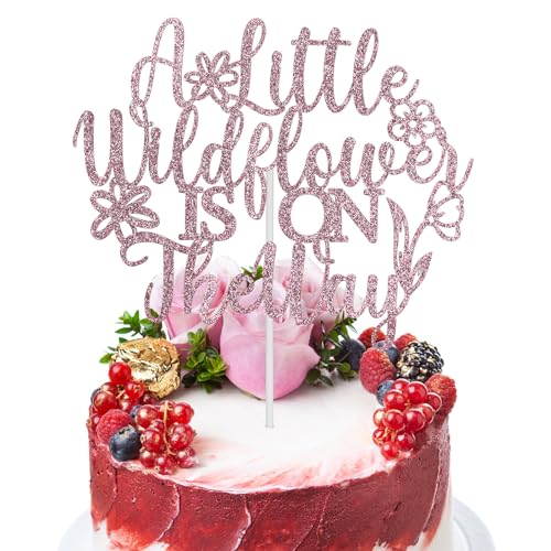 Baby Shower Kuchen Topper, A Little Wildflower Is on The Way Baby Shower Dekorationen Tortendeko Baby Cake Topper Geburtstag Blumen Thema Gender Reveal Party Zubehör, Rose Gold Glitter von PEUTIER