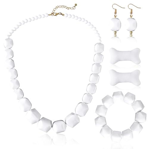 Halloween-Kostüm-Zubehörset, Flintstones-Kostüme mit Weißer Perlenkette Ohrringen Skelettknochen Haarspangen Flintstones-Partyzubehör für Halloween-Höhlen-Cosplay von PEUTIER