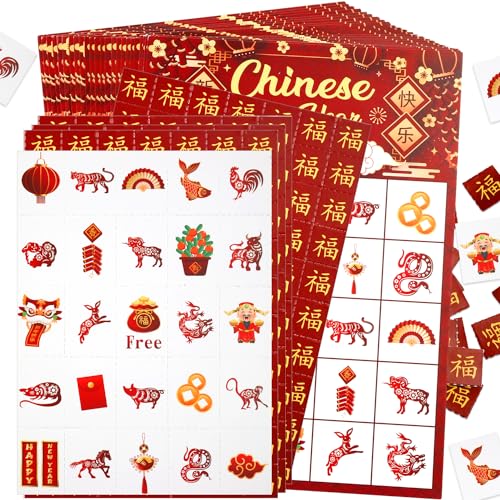 PEUTIER Chinesische Neujahrs Bingo Spiele, Traditionelle Elemente Chinesische Neujahrs Bingokarten Mondneujahrs Partyzubehör Aktivitätsspiel für Familientreffen, 24 Spieler von PEUTIER