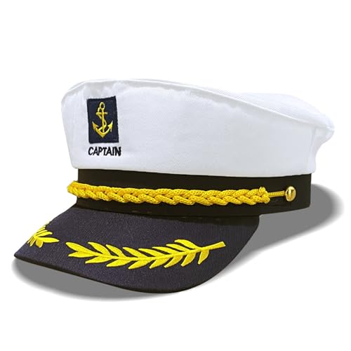 PEWHAUL Kapitänsmütze, Yacht-Seemannsmütze, Boots-Skipper-Hut, geeignet für Erwachsene und Kinder, Snapback, verstellbare Seekappe, marineblau, Kostümzubehör (weiß) von PEWHAUL