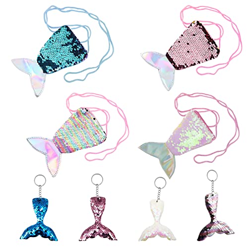 PFLYPF Fischschwanz Set Zubehör, 4-Stücke Tasche, Pailletten Geldbörse; Mit vier Meerjungfrau Schlüsselanhängern; Geburtstagsgeschenk, Mottoparty, Halloween (4 Farben), Weiß, Blau, Rosa, Klar von PFLYPF