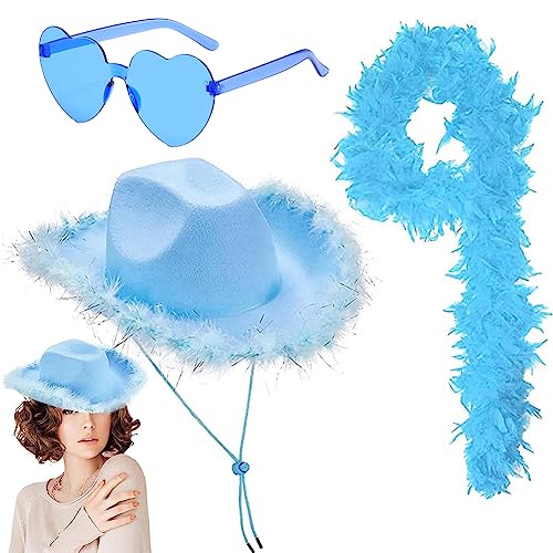 Flauschige Feder Boa, Modischer Cowboyhut für Damen Türkei Federn Schal für Damen Kostüm Requisiten mit Randlosen Herzbrille Für Cosplay, Karneval Party,Bühnenshows, Kostüm Party (Blau) von PGONA