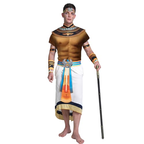 PGOND Ägyptischer Pharao Kostüm, Erwachsenengröße, Gold und Weiß, mit Stab und Zubehör von PGOND