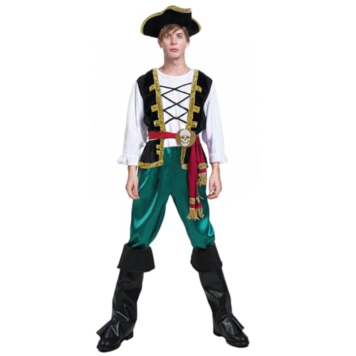 PGOND Deluxe-Piratenkostüm für Erwachsene mit Hut, Weste mit goldfarbenem Rand, grüne Hose und Stiefel, Erwachsenengröße, Halloween-Kostüm, Orange / Schwarz, Einheitsgr��e von PGOND