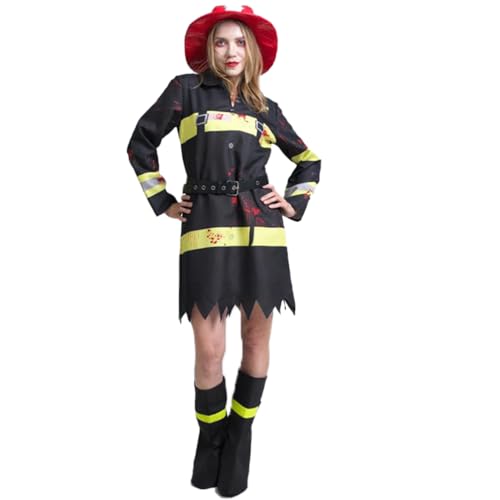 PGOND Halloween-Feuerwehrmann-Kostüm, schwarz mit neongelben Streifen, roter Hut (Einheitsgröße) von PGOND