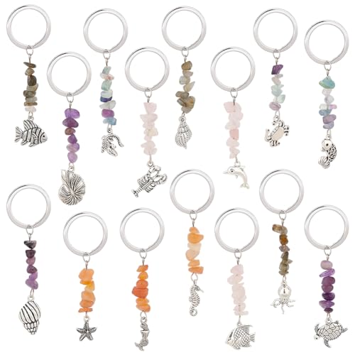 PH PandaHall 15 Stück Edelstein-Schlüsselanhänger, Meerestier-Charm-Schlüsselanhänger, Muschel-Meerjungfrau-Charm-Anhänger, Schlüsselanhänger mit geteiltem Schlüsselanhänger für Handtasche, Geldbörse, von PH PandaHall