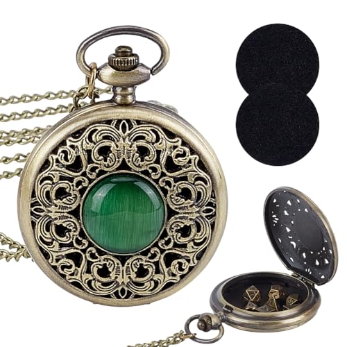 PH PandaHall DND Würfel Set, 7 Stück Mini-Metallwürfel mit Taschenuhr Hohle Edelstein-Uhrenhülle für Dungeons and Dragons, RPG, Spiele, Geschenk (Antike Bronze, Grün) von PH PandaHall