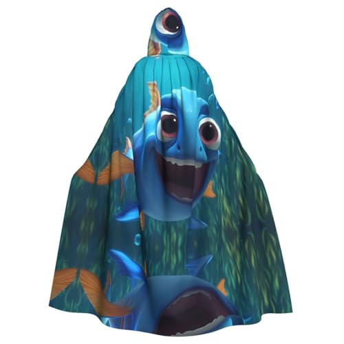 Blauer Fisch mit großem Mund gemusterter Kapuzenponcho Unisex Kapuzenponcho für Cosplay, Halloween, Kostümparty von PHAYAH