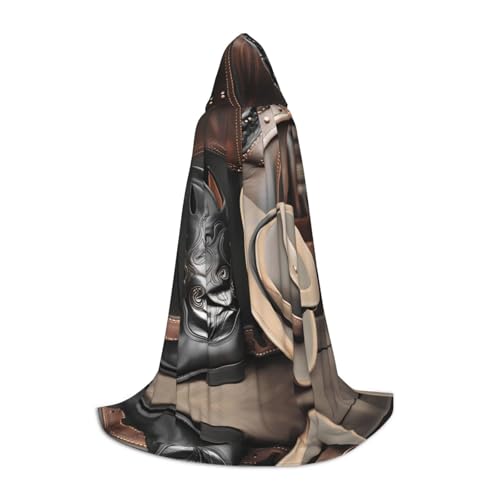 PHAYAH Cowboy-Umhang mit schwarzem Hut, Westernstiefel-Muster, Erwachsenen-Kapuzenumhang für Maskerade, Cosplay, Halloween, Hexenumhang, Weihnachten, Party, Robe, Größe S von PHAYAH