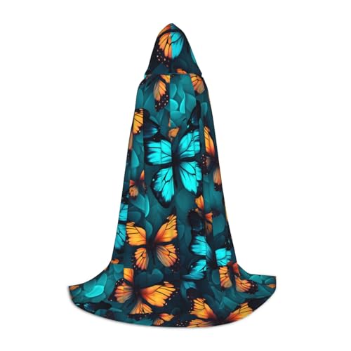 PHAYAH Kapuzenponcho mit Schmetterlingsmuster, Unisex, Weihnachts-Kapuzenpullover für Cosplay, Halloween, Kostüm, Party, Maskerade, Größe L, Orange und Blau von PHAYAH