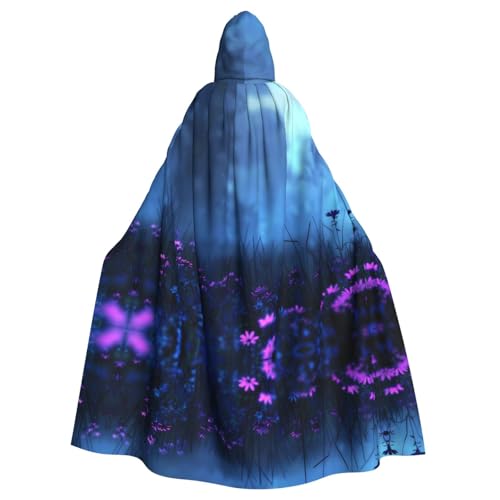 PHAYAH Langer Kapuzenumhang mit Wildblumen im Nachtfeld, Polyester-Umhang, Hexe, Halloween-Kostüme für Cosplay, für Damen und Herren von PHAYAH