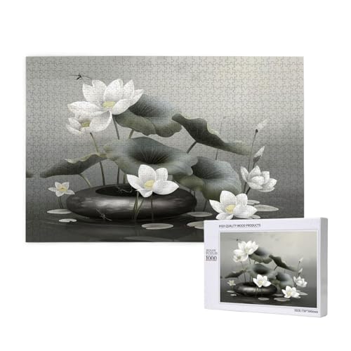 Phayah 1000 Teile Erwachsenenpuzzle Kinder Holzpuzzle Spielzeug DIY Kit Heimdekoration 75 x 50 cm weißes Lotusblumenmuster von PHAYAH