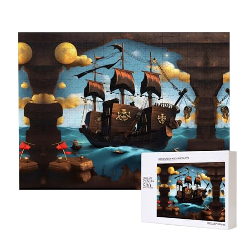 Phayah 500 Teile Erwachsenenpuzzle Kinder Holzpuzzle Spielzeug Kit Wohnkultur 52 x 38 cm Cartoon Piratenschiff Muster von PHAYAH