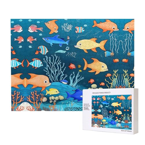 Phayah Blaue Unterwasserwelt der Fische, Puzzle, 500 Teile, Holzpuzzle für Familie, Freunde, Heimdekoration, Wandkunst, 20,4 x 38,1 cm von PHAYAH