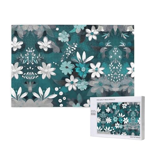 Phayah Blaugrün-graue und weiße Blumen-Puzzle, 1000 Teile für Puzzle, Holzpuzzle für Familie, Freunde, Heimdekoration, Wandkunst, 29,5 x 50 cm Phayah Blaugrün-graue und weiße Blumen-Puzzle, 1000 Teile für Puzzle, Holzpuzzle für Familie, Freunde, Heimdekoration, Wandkunst, 29,5 x 50 cm von PHAYAH
