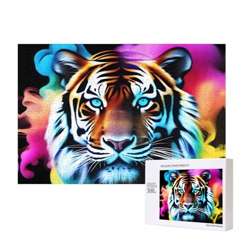 Phayah Buntes Rauch-Tigerkopf-Puzzle, 300 Teile, für Puzzle, Holzpuzzle für Familie, Freunde, Heimdekoration, Wandkunst, 39 x 27 cm von PHAYAH