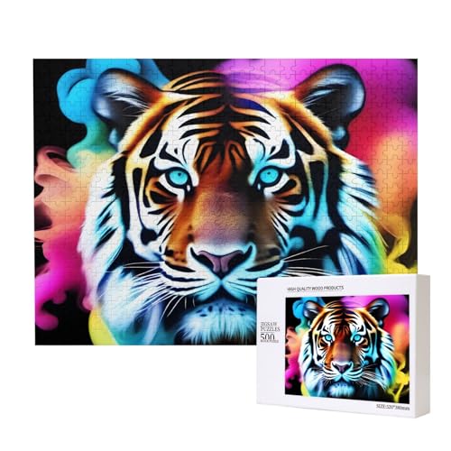 Phayah Buntes Rauch-Tigerkopf-Puzzle, 500 Teile, für Puzzle, Holzpuzzle für Familie, Freunde, Heimdekoration, Wandkunst, 50 x 38 cm Phayah Buntes Rauch-Tigerkopf-Puzzle, 500 Teile, für Puzzle, Holzpuzzle für Familie, Freunde, Heimdekoration, Wandkunst, 50 x 38 cm von PHAYAH